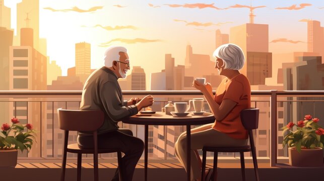 An elderly couple of old pensioners, a man and a woman, are sitting at a cafe table against the backdrop of the city and having breakfast of coffee and dessert