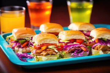 bbq sliders on a rainbow-colored tray gives a colourful look