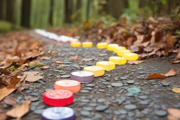 multiple trivia game pieces on a path - obrazy, fototapety, plakaty