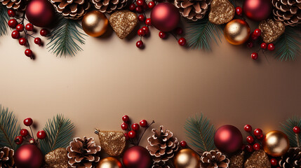 Fototapeta na wymiar Festive Christmas Background: Fir Tree Frame, Garland Lights, Gold Decorations - White Backdrop with Copy Space for Text
