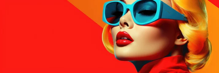 Foto auf Acrylglas Woman in pop art fashion with sunglasses, website banner design with space for text © Michael