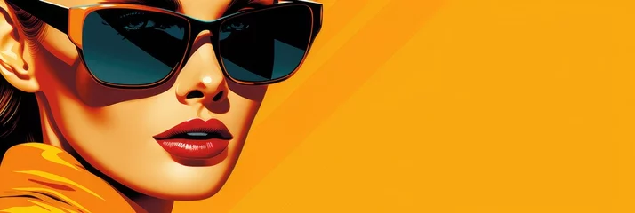 Muurstickers Woman in pop art fashion with sunglasses, website banner design with space for text © Michael