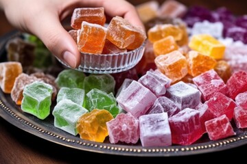 hand choosing a turkish delight from a candy dish - obrazy, fototapety, plakaty