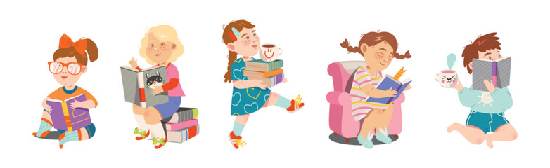 Reading Children with Interesting Book Enjoy Recreation Vector Set