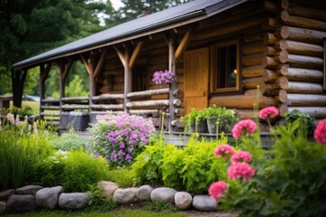 Fototapeta na wymiar image of log cabin framed by flowering plants