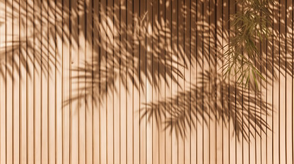 Obraz premium Soft and beautiful foliage dappled sunlight of tropical bamboo tree leaf shadow on brown wooden panel wall with wood grain for luxury product display, interior design decoration background 3D