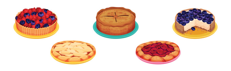 Baked Pie Made from Pastry Dough with Sweet Fruit Filling Vector Set
