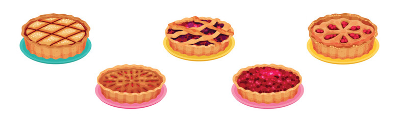 Baked Pie Made from Pastry Dough with Sweet Fruit Filling Vector Set