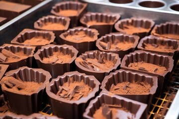 close-up of moulds filled with liquid vegan chocolate