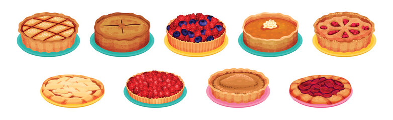 Baked Pie Made from Pastry Dough with Sweet Fruit Filling Vector Set