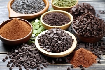 picture of a variety of vegan chocolate chips - obrazy, fototapety, plakaty