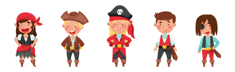 Cheerful Boy and Girl in Pirate Costume with Sword or Saber Vector Set