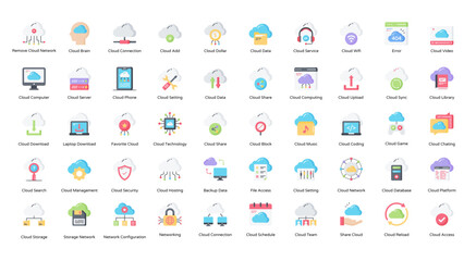 Fototapeta na wymiar Cloud Network Flat Icons Cloud Computing Iconset 50 Vector Icons