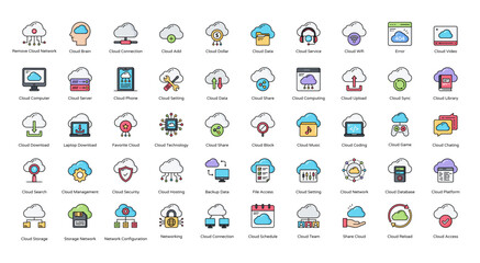 Cloud Network Colored Line Icons Cloud Computing Iconset in Filled Outline Style 50 Vector Icons - obrazy, fototapety, plakaty