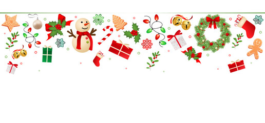 Christmas colorful horizontal realistic background with decorations in flat design