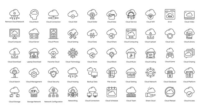 Cloud Network Thin Line Icons Cloud Computing Iconset in Outline Style 50 Vector Icons in Black