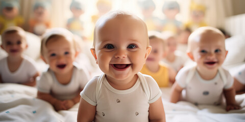 Baby smiling at camera with blurred nursery children and parents in the background.  - obrazy, fototapety, plakaty