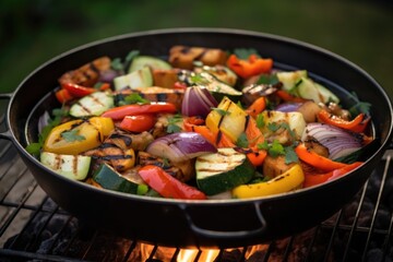 grill wok filled with a mix of grilled root vegetables