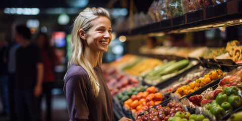 Happy blonde women shopping in fruit and veg section of super market. - obrazy, fototapety, plakaty