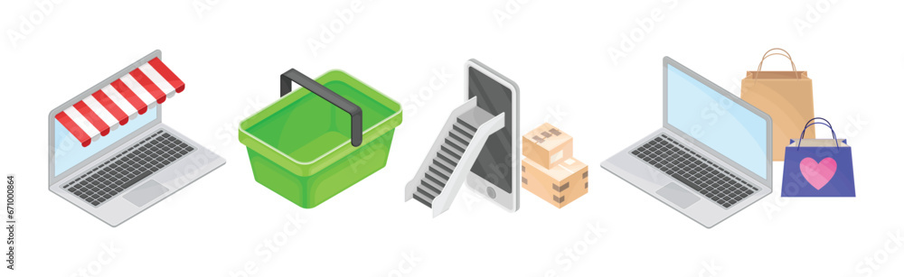 Poster online shopping and internet purchase isometric object vector set