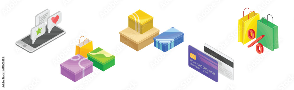 Poster Online Shopping and Internet Purchase Isometric Object Vector Set