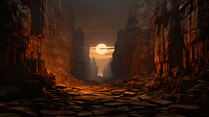 Sun-baked canyon walls rise to the heavens, revealing the passage of time etched in stone. This captivating image is highly detailed and evokes a sense of the ancient.