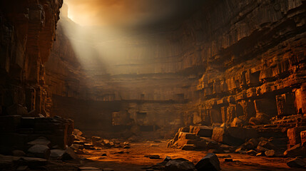 Sun-baked canyon walls rise to the heavens, revealing the passage of time etched in stone. This captivating image is highly detailed and evokes a sense of the ancient. - obrazy, fototapety, plakaty