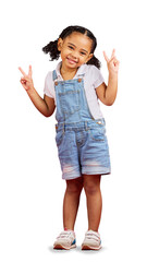 Portrait, peace sign and girl with a smile, youth or summer outfit isolated on a transparent...