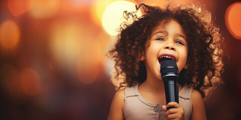Young girl, singing with microphone, blurred background 