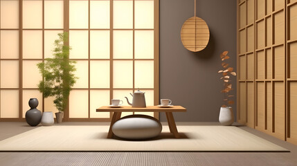 Wood chabudai traditional Japanese short legged table, round pouf seat, ceramic teapot, cup, shoji window in sunlight, rattan door cupboard wall. Asian interior design decoration product background 3D - obrazy, fototapety, plakaty