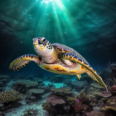 Fototapeta premium sea turtle swimming animal sea ocean fish 
