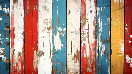 Texture of vintage wood boards with cracked paint of white, red, yellow and blue color. Horizontal retro background with wooden planks of different colors, Surface of the old brown wood texture. 