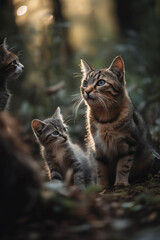 Naklejka na ściany i meble Cat with babies, cat family cute pure animal love 
