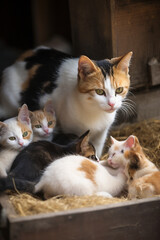 Cat with babies, cat family cute pure animal love 