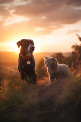 cat and dog animal friends happiness pure friendship  - obrazy, fototapety, plakaty