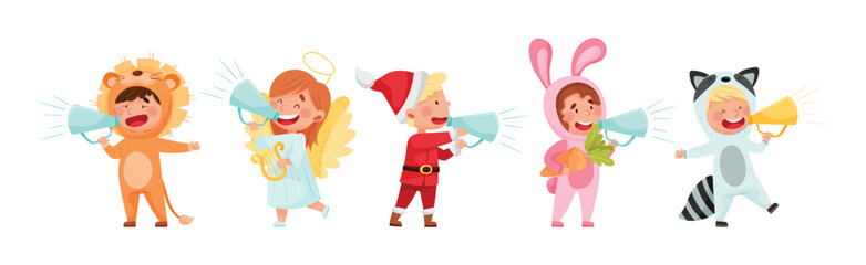 Kid Characters Wearing Fancy Dress or Costume Talking Megaphone or Loudspeaker Vector Set