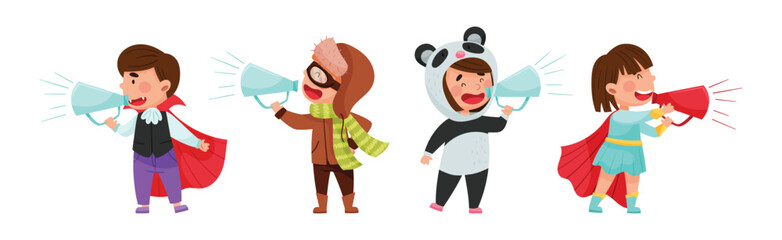 Kid Characters Wearing Fancy Dress or Costume Talking Megaphone or Loudspeaker Vector Set