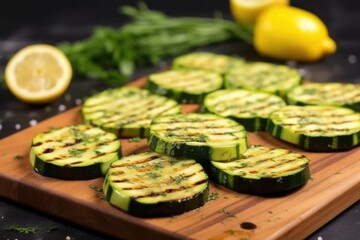 zucchini slices with grill marks on a board