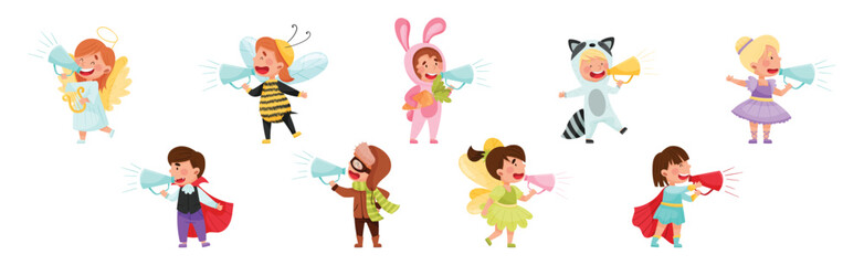 Kid Characters Wearing Fancy Dress or Costume Talking Megaphone or Loudspeaker Vector Set