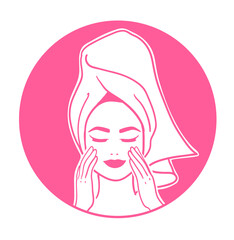 Woman with hair towel making her beauty routine in bath in front round mirror. Vector illustration in pink colors