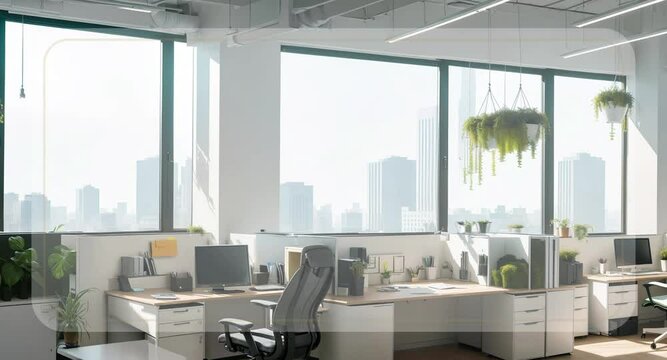 Blurred empty open space of office. Screensaver with white area for motivational text, description or title. Video insert for text. Abstract light bokeh on office interior background for design