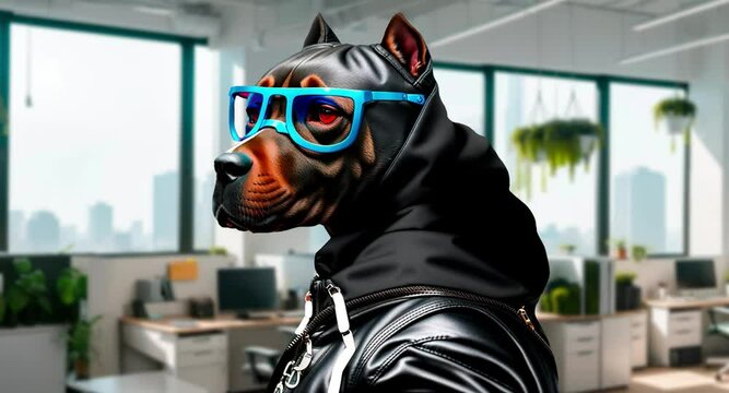 Cool swag dog in tracksuit and trendy blue glasses. Video futage for fashion videos. Сharacter  pitbull in a bright office space.