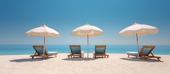 Fototapeta na wymiar Beach chairs and umbrellas on sandy beach on tropical beach with clear blue sky