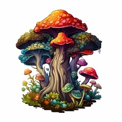 illustration of Mashroom tree colorfull 2D vector image cartoon styl, Generative ai