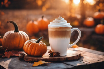 still life of a cup of hot latte and pumpkins on an old wooden table against the background of beautiful autumn nature at sunset, decoration for Halloween