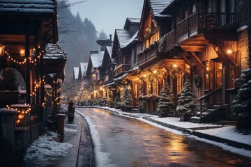 city street in winter, exteriors of houses decorated for Christmas or New Year's holiday, snow, street lights, festive environment