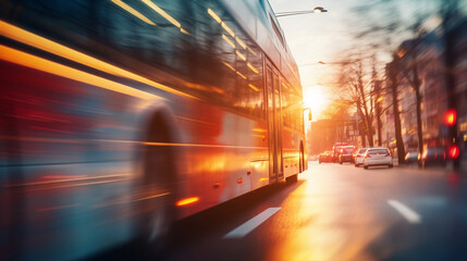 BUS on blurred motion city traffic at sunset  - obrazy, fototapety, plakaty