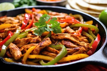 close-up of chicken fajitas with colorful bell peppers