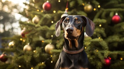 Doberman portrait on the background of a Christmas tree. Merry Christmas and Happy New Year...