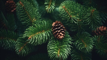 Fir tree branches with cones, Christmas, New year background concept. Texture of pine cones and spruce branches. Christmas tree with cone in forest. Dark moody botanical wallpaper..